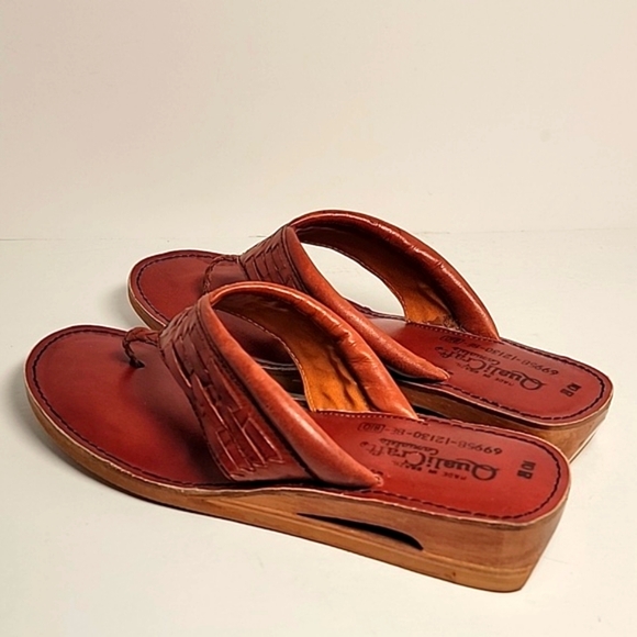 Vintage QualiCraft Brown Leather Wooden Flip Flop Thong Sandals Brazil 10 - Picture 8 of 13